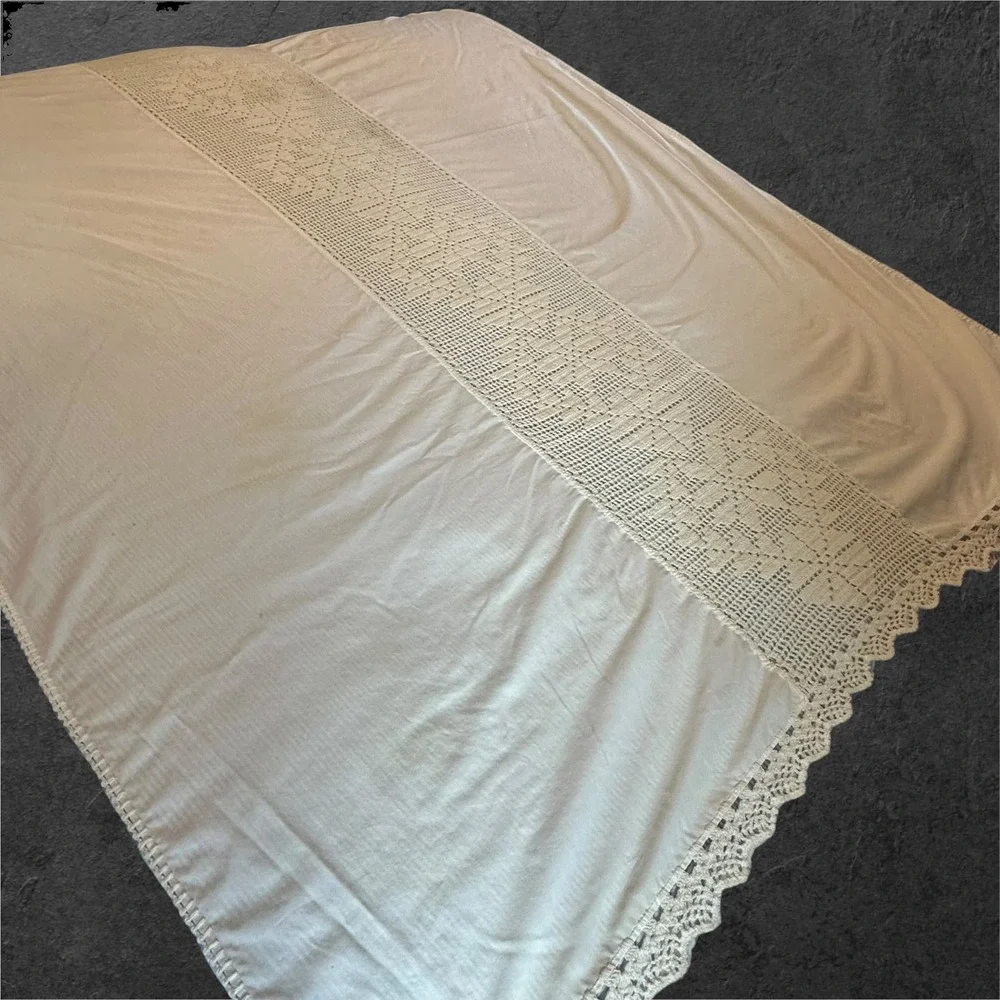 Vintage‎ White/Cream Crochet Panel Tablecloth Lace Edge Cottage Farmhouse 54x80
